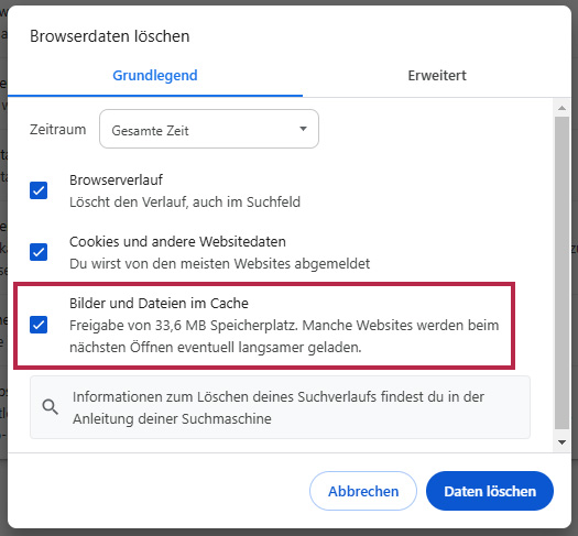 Bildschirmaufnahme Cache leeren Google Chrome Brpwser